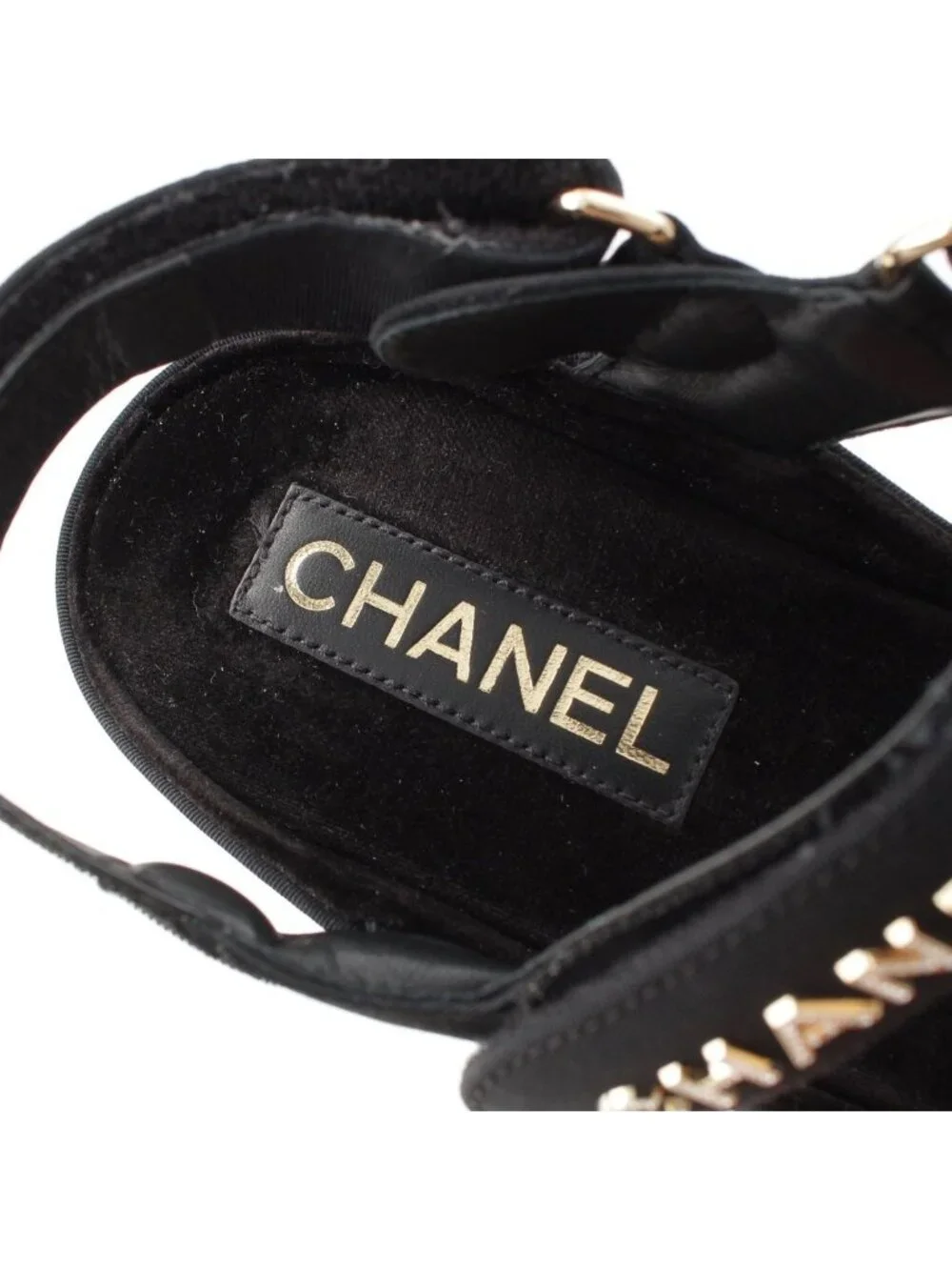 Chanel Rhinestone CC Logo Velcro Sandals Shoes Black 38C